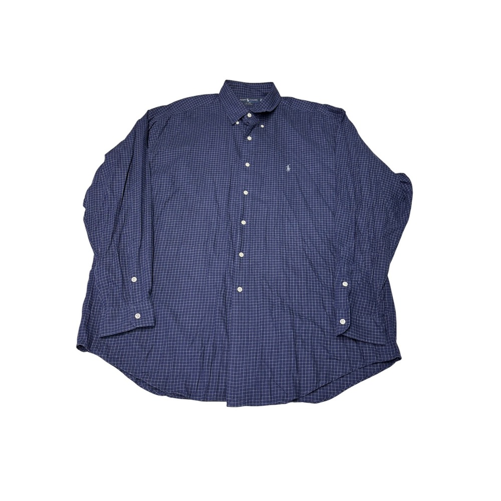 Polo Ralph Lauren Blake Mens XL Navy Blue Check Cotton Button‎ Down Shirt Long